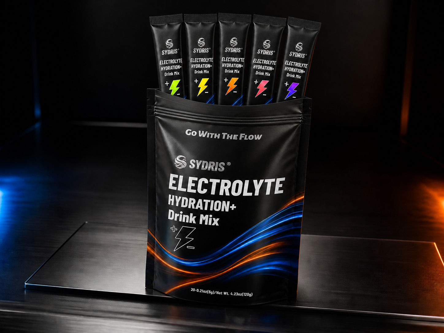 Open SYDRIS pouch displaying five flavor-coded electrolyte sachets.