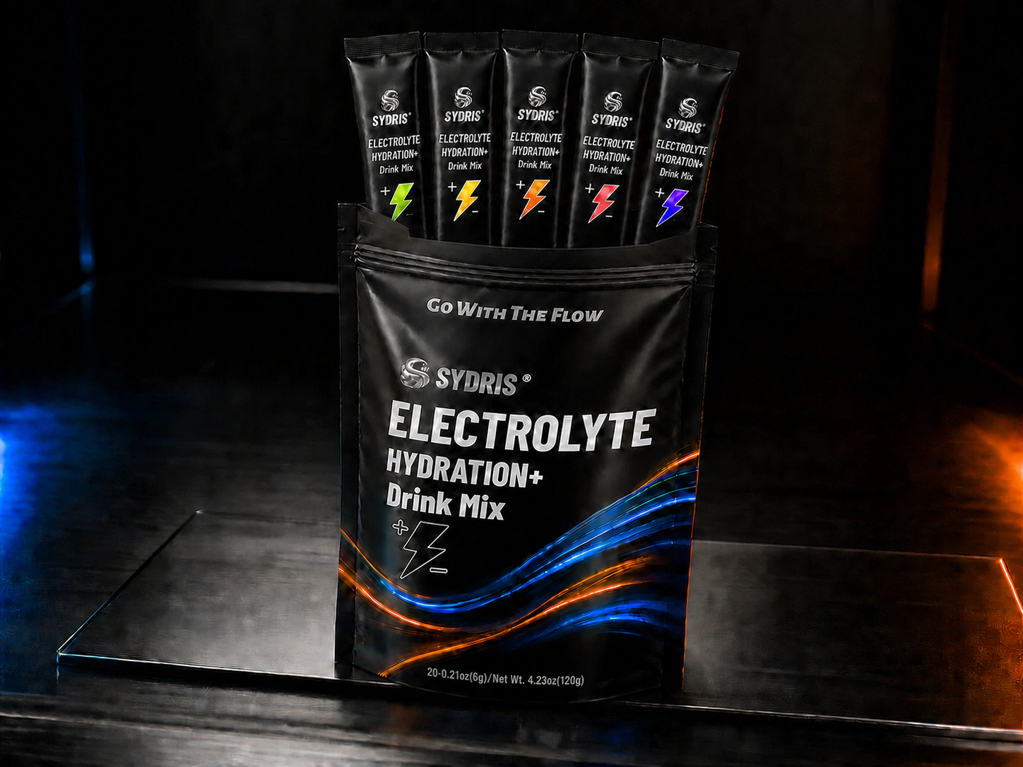 Open SYDRIS pouch displaying five flavor-coded electrolyte sachets.