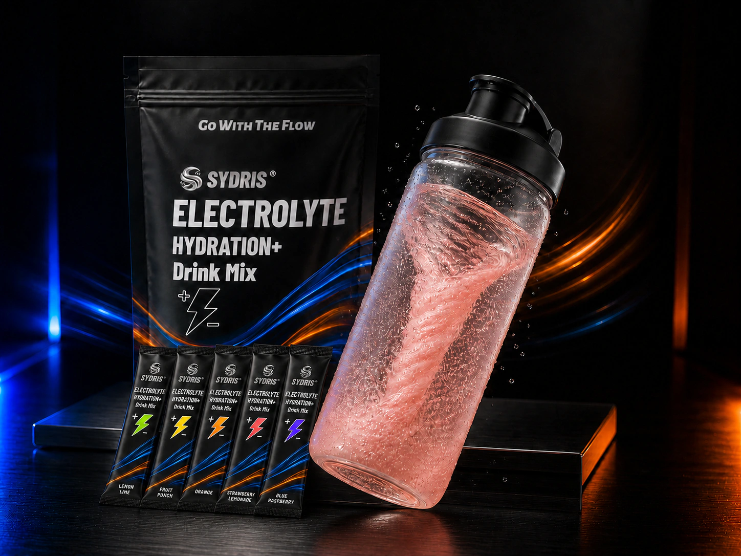 Five SYDRIS flavor sachets beside a modern bottle being shaken.